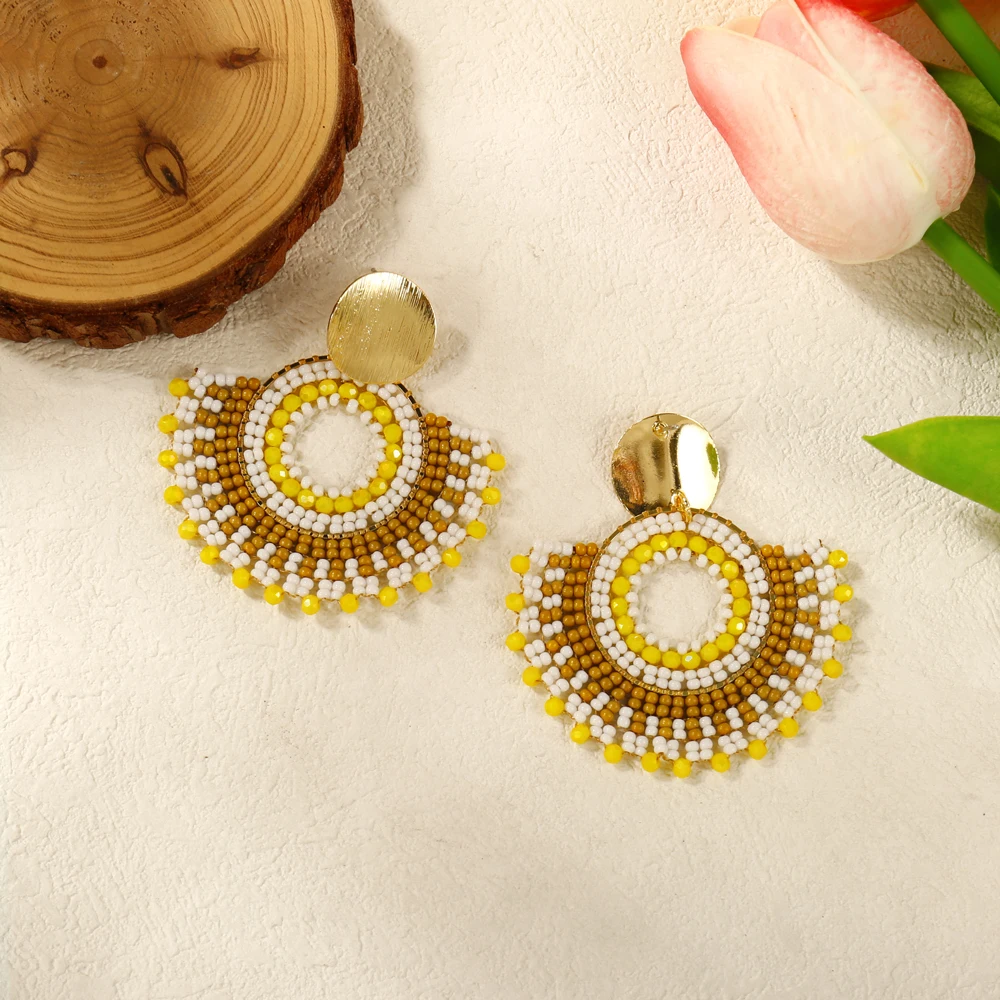 Badu Bohemia Style Fan Shape Handmade Beaded Dangle Earrings for Women Retro Ethnic Trendy Jewelry Rice Beads Earring