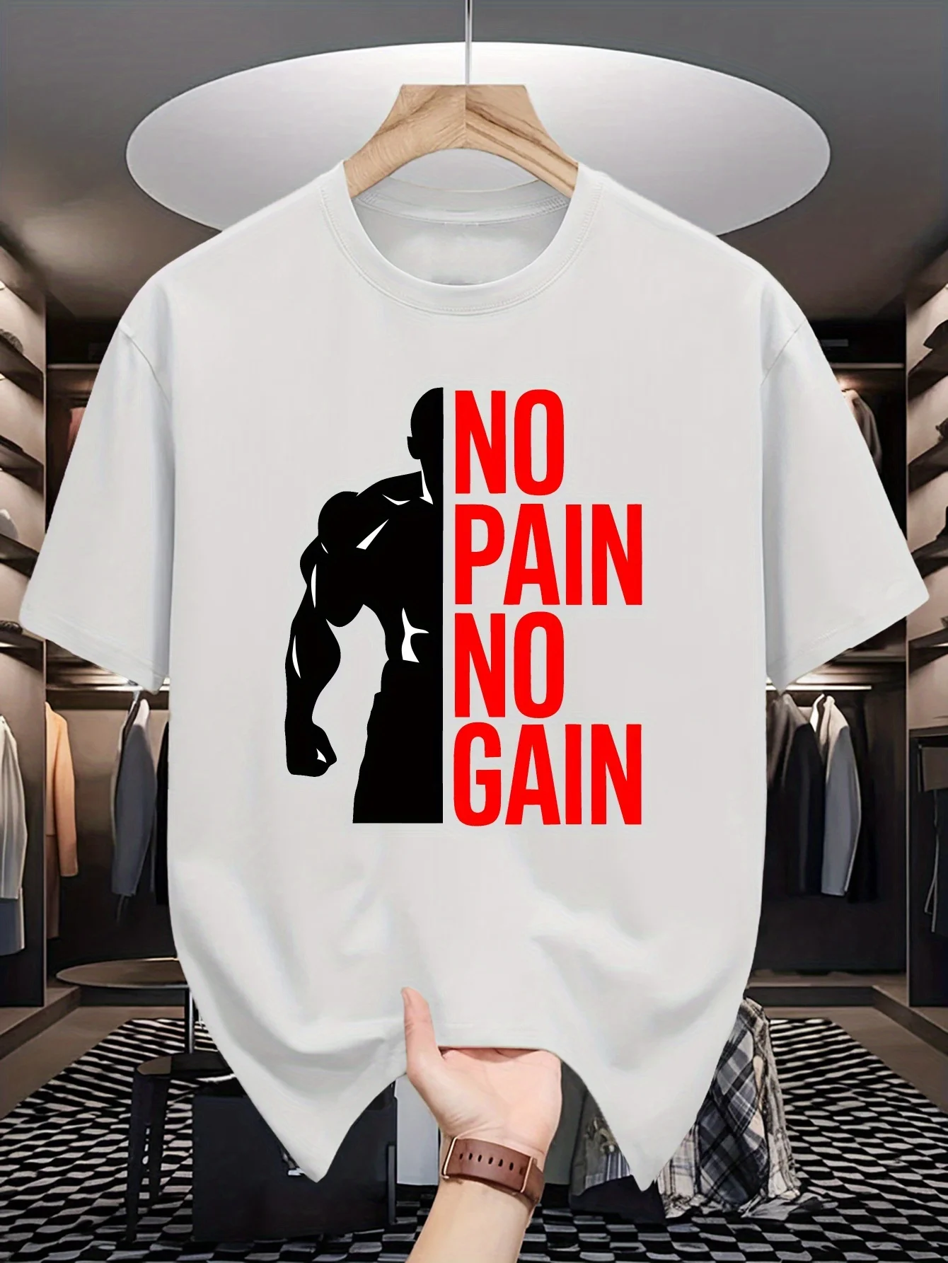 Mens Crew Neck T Shirt No Pain No Gain Bodybuilder Silhouette Graphic Short Sleeve Casual Cotton Fitness Gym Streetwear Tees