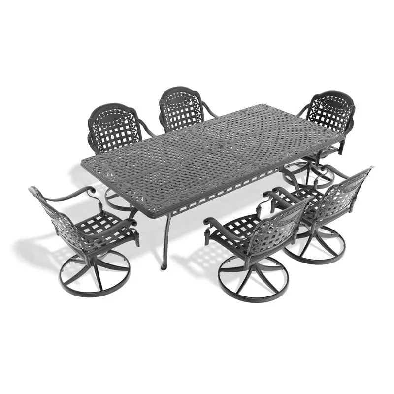 7피스 전천후 주조 알루미늄 다이닝 세트, 회전 의자 6개 및 직사각형 테이블, 블랙 프레임