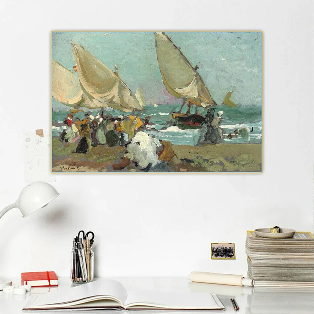 Citon Joaquin Sorolla《Sailing Vessels on a Breezy Day, Valencia》Canvas Oil Painting Poster Picture Wall Decor Home Decoration