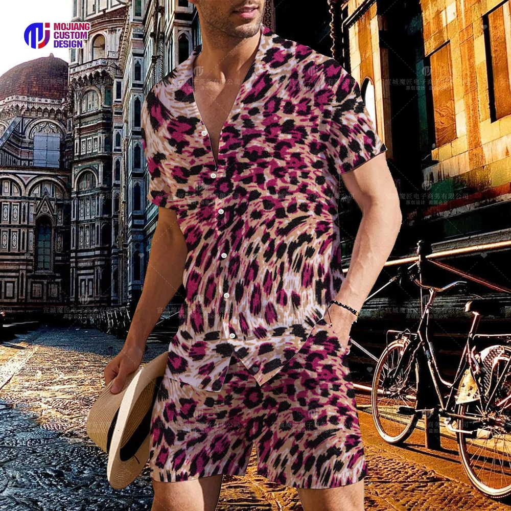 2023 Summer Men\'s Leopard Print Colorful 3D Lapel Shirt Button Short Sleeve + Shorts Set Men\'s Sports Hip Hop Set 2 Pieces