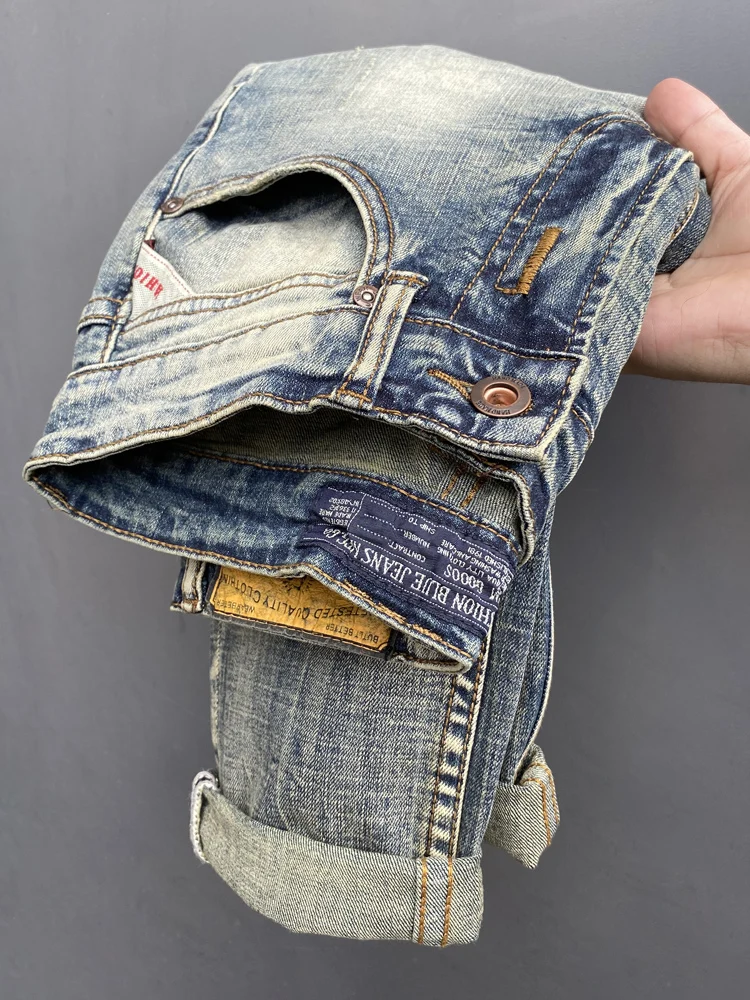 

Мужские джинсы в стиле ретро в американском стиле, весенне-осенние модные тяжелые эластичные длинные брюки премиум-класса с талией, молодежные модные хлопковые джинсы