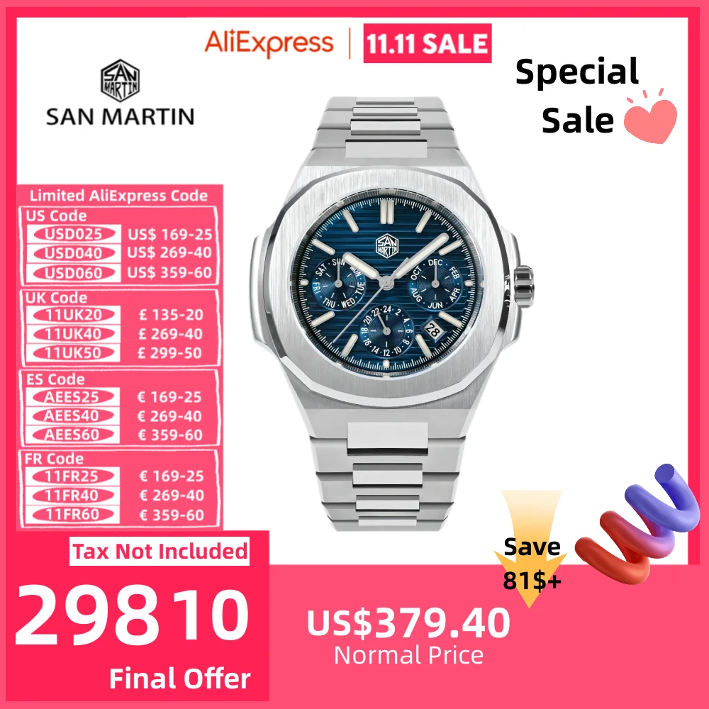 San Martin 43mm 9120 Sport Multi-Function Men Watch Mechanical Hour Date Week Month Window FKM Rubber 10Bar Reloj Hombre SN0075B