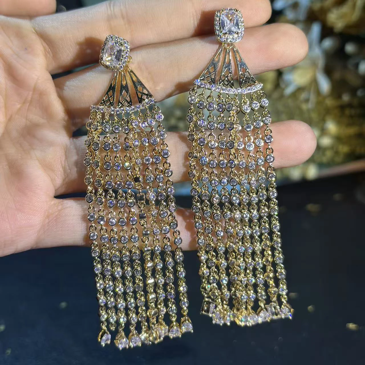 

Luxury Golden Multi-strand Tassel Drop Earrings, Elegant Wedding Party Bridal Women Statement Long Dangle Jewelry Gift