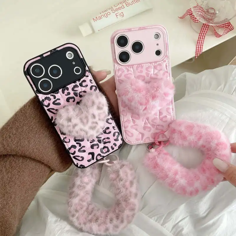 

Fashion Pink Leopard Print Leather Phone Case For iPhone 17 Pro 16 15 14 Pro Max Back Cover with Plush Love Heart Stand Hand Str