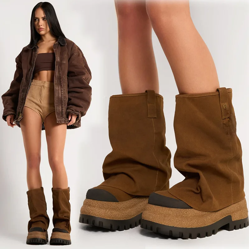 

Women's Brown Canvas Slouchy Ankle Boots Fashionable Boots Thick Lug Sole Casual Design Stylish Comfortable Footwear for Outdoor