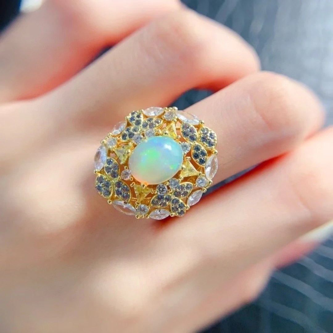 

KJJEAXCMY High End Women's Ring Natural Opal S925 Silver with Electroplating Boasting High Clarity Full Brilliance Birthday