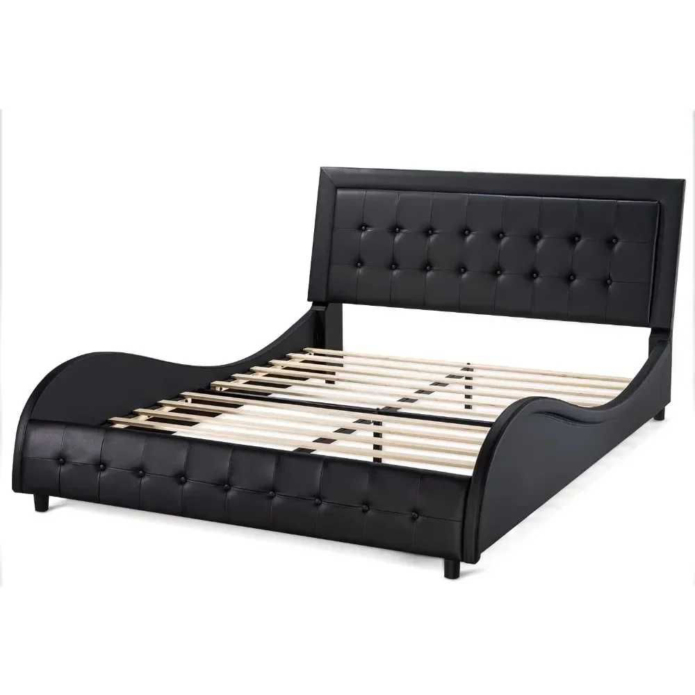 Bed frame with adjustable headboard, box tufted upholstered platform bed, mattress base with plank support, Modern Wave