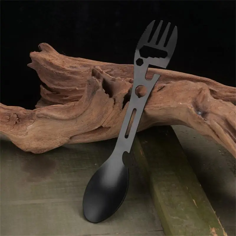 Outdoor Camping Stainless Steel MultiFunction 9 In 1 Integrated Spoon Fork Tableware Dishware Picnic Cutting Knife Bottle Opener