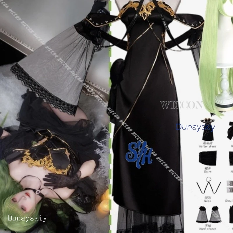 

Костюм для косплея Lelouchhh Anime Rebelliooo: черное свадебное платье, роскошное готическое длинное кружевное платье Лолиты, зеленые парики для Хэллоуина и вечеринок