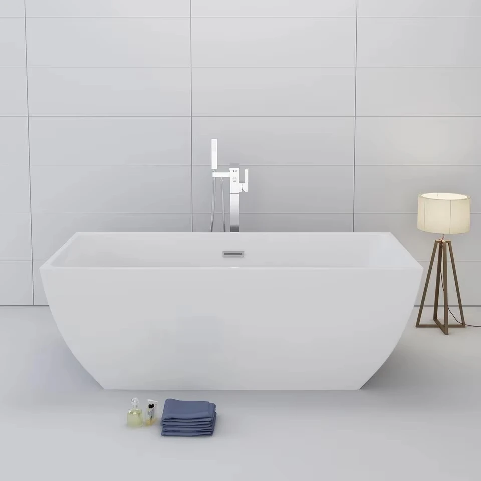 

White Acrylic Freestanding Soaking Bathtub with Drainer Luxury Square Shape for Indoor Bathroom Use