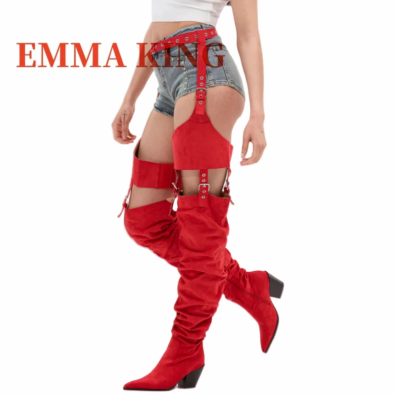 الأحمر فو الجلد المدبوغ الغربية Chap التمهيد أشار تو إسفين كعب الفخذ عالية Bootie موضة الأحذية النسائية المنصة الشتاء راعية البقر الأحذية