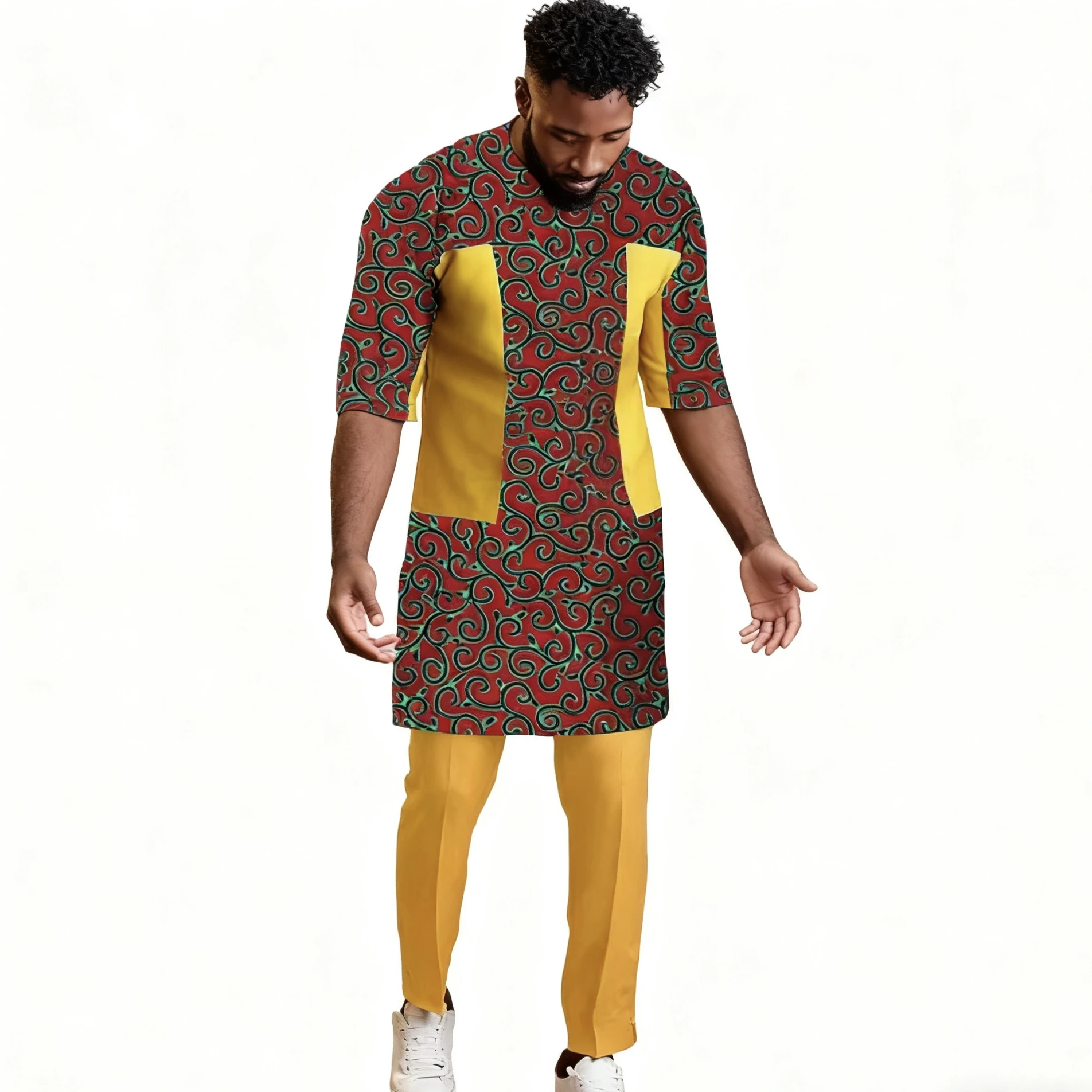 

African Couture Half Sleeves Set For Men Patchwork Shirt With Yellow Pant Set Nigerian Print Male Groom Suit Party Wears