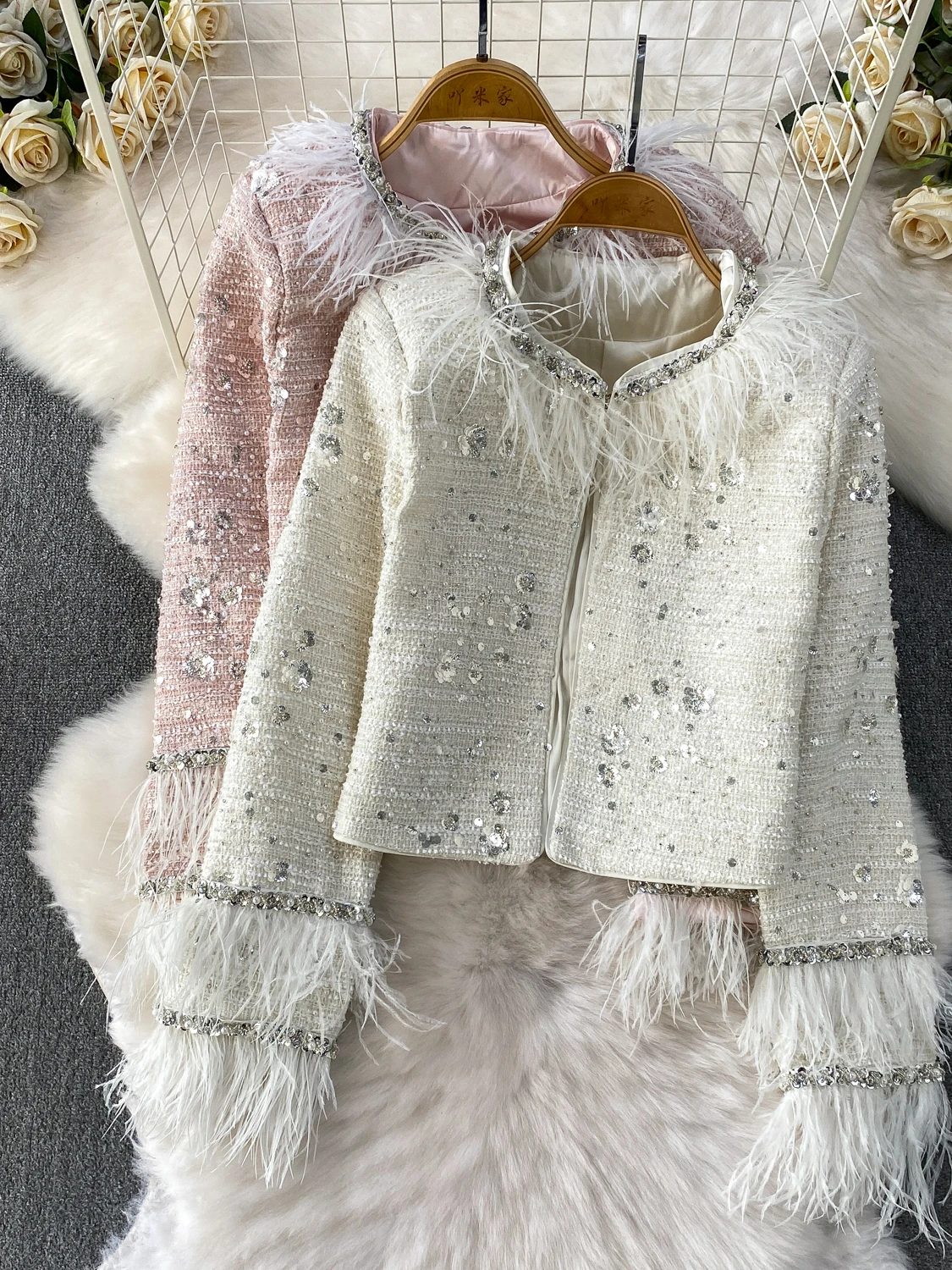 

French Sle round Ne ort Coat Women's Heavy Embroidery Sve Diamond Insertion iny Sequin ort Top Ladylike Feel