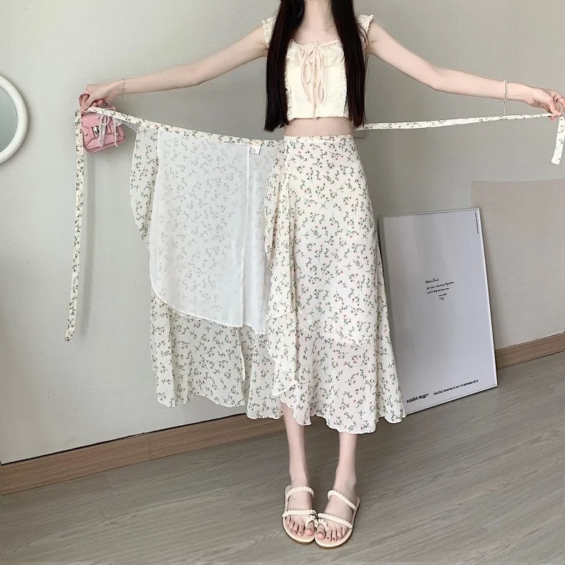 

Длинная юбка с цветочным принтом, женская пляжная юбка А-силуэта с защитой от солнца, цельная юбка с поясом, длинная юбка из шифона, юбка-халат