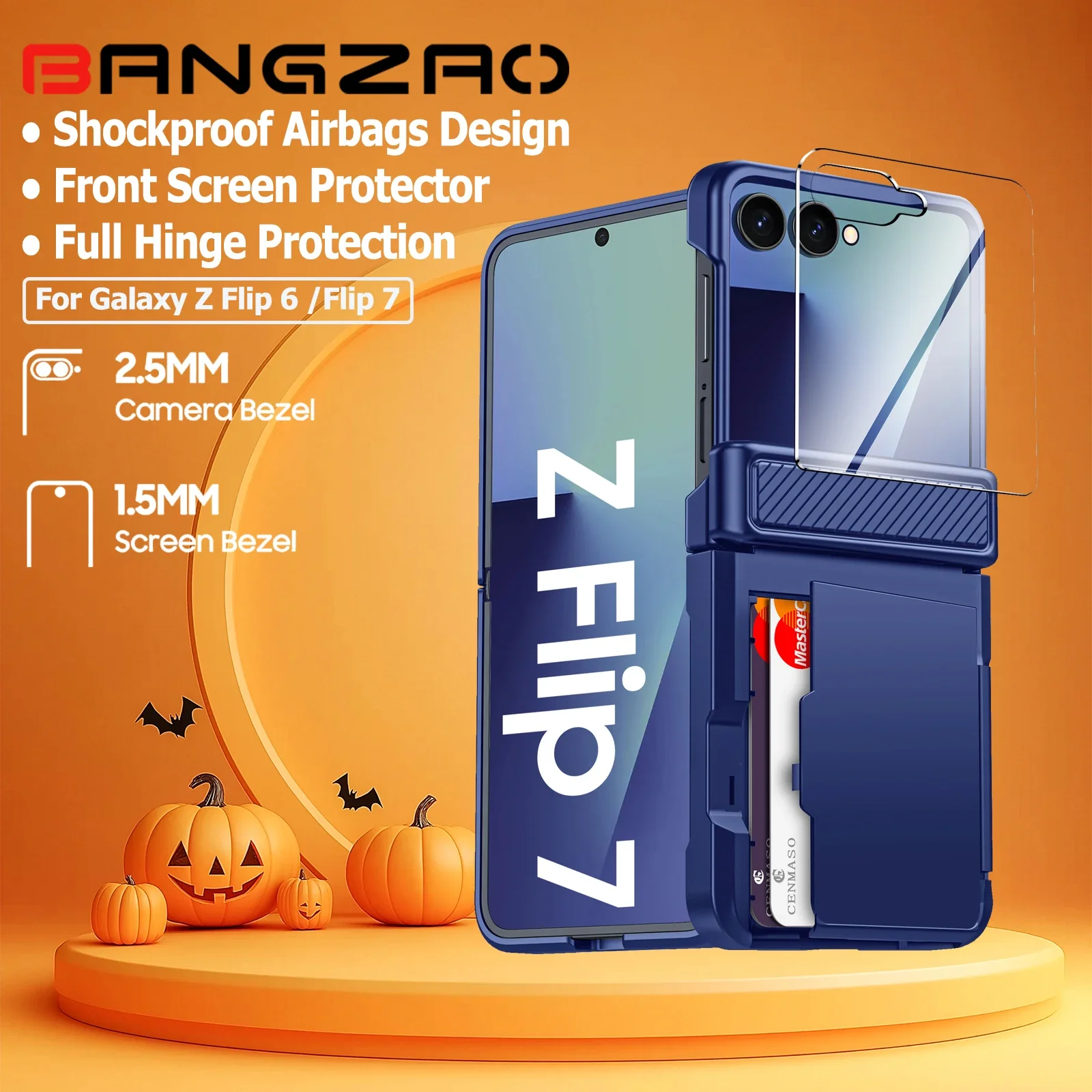 

Для Galaxy Z Flip 7 с держателем для карт, RFID, HD-защитой, поворотным противоударным чехлом для телефона с защитой от царапин для подарков на Хэллоуин - синий