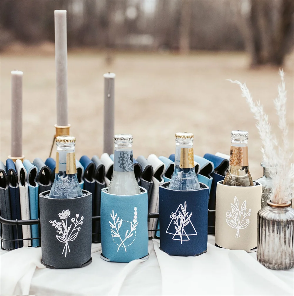 

Grey Blue Botanical Wedding Cozies | Dusty Blue Slate Floral Bridal Party Favors, Classic Navy Blue Shower Favor, Charcoal Bride