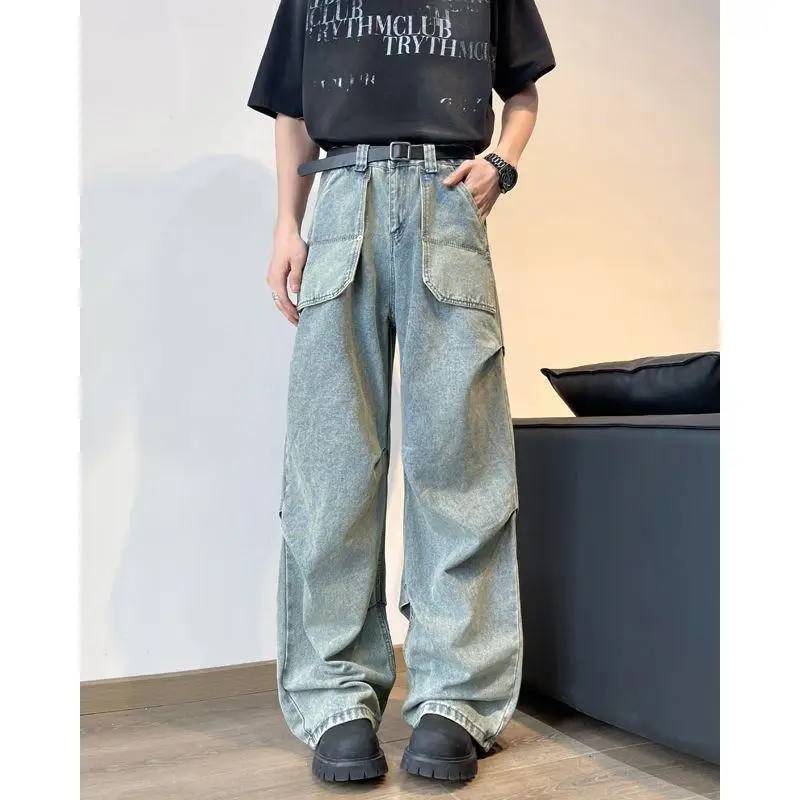 

Retro American Waed Folded Denim Jeans Men's Women's Small Design Sense Match Long Pants Trendy Multi-ket Medium Waist