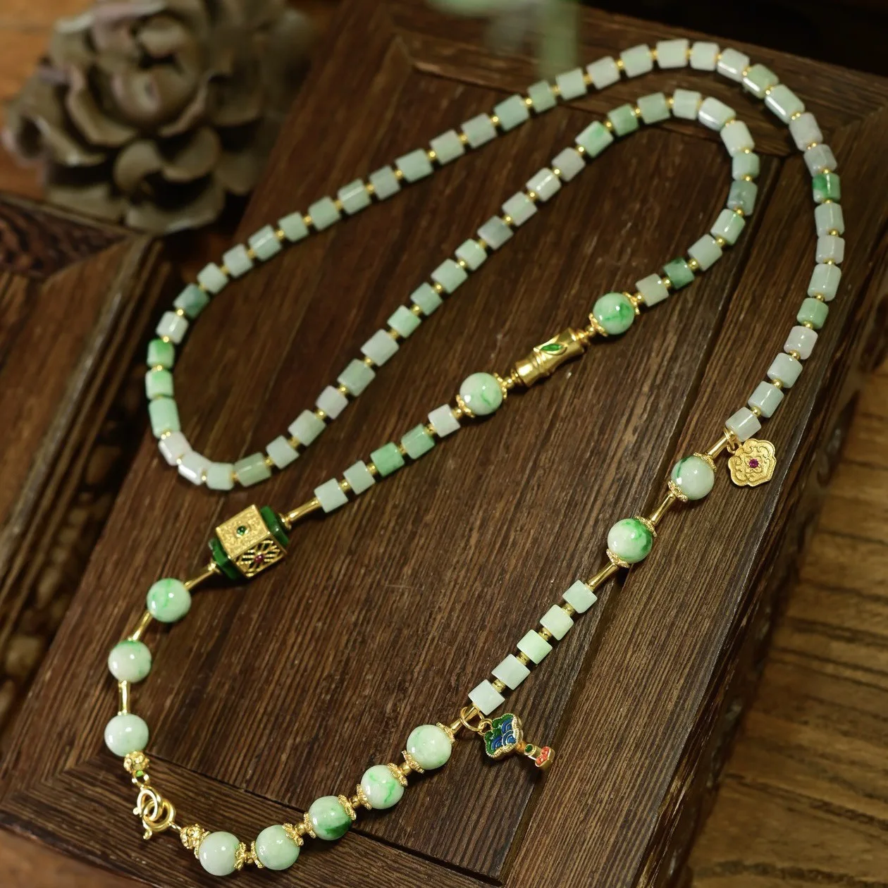 

A-Grade Natural Bamboo Jade Versatile Necklace, Dry Green Jade Ruyi Pendant 925 Silver Sweater Chain, Chinese Gemstone Jewelry