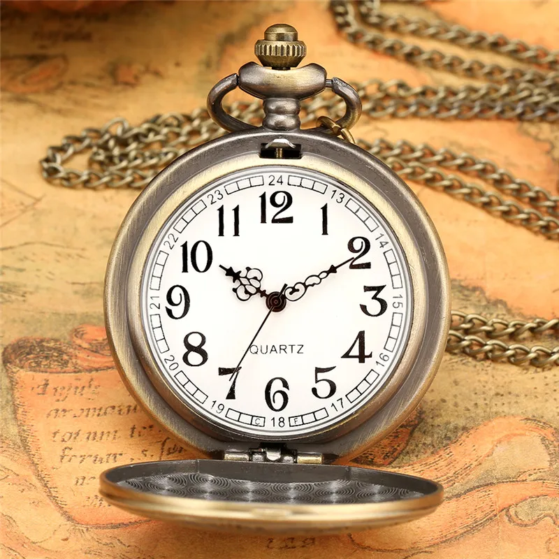 Retro Engraved August 13 1896 Design Pocket Watch Necklace Chain Quartz Movement Clock for Men Women Arabic Number Timepiece