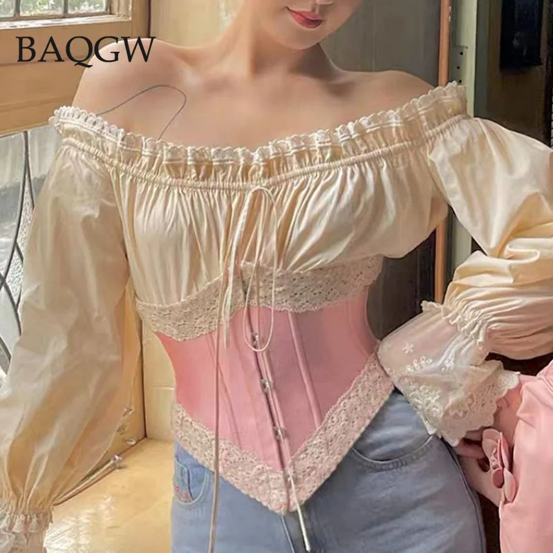 Vintage Lace Patchwork Corset Top Fish Boned Belt Summer Slash Neck Women Bandages Tank Top Party Corset Streetwears Outfits