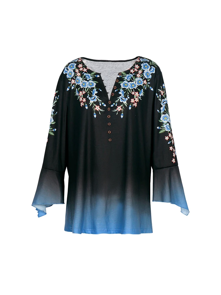 Plus Size Floral Print Blouse, V Neck Half Button Gradient Flare 3/4 Sleeve Loose Casual Women Daily Tunic Top image 2