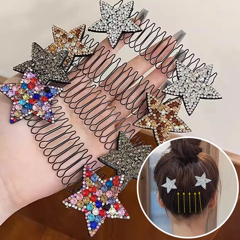 Rhinestone Star Invisible Broken Hair Hairpin Adult Tiara Tools Roll Curve Needle Bangs Fixed Insert Comb Styling Accessories