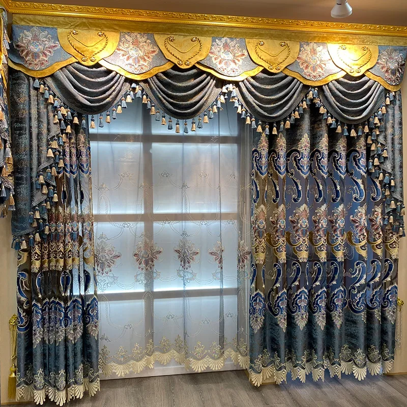 Luxury European Curtains for Living Room Bedroom Villa High-end Hollow Chenille Water-soluble Embroidery Flower Gauze Window