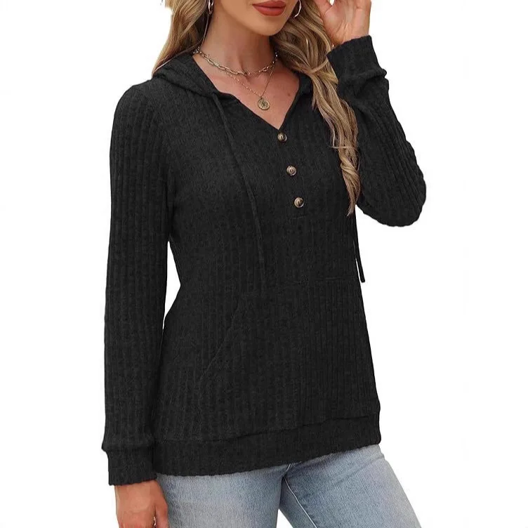 2025 neue Mode Mit Kapuze Taste-unten Hemd Frauen Sommer Beiläufige Lose Einfarbig V-ausschnitt Gestrickte Pullover Top Für frauen