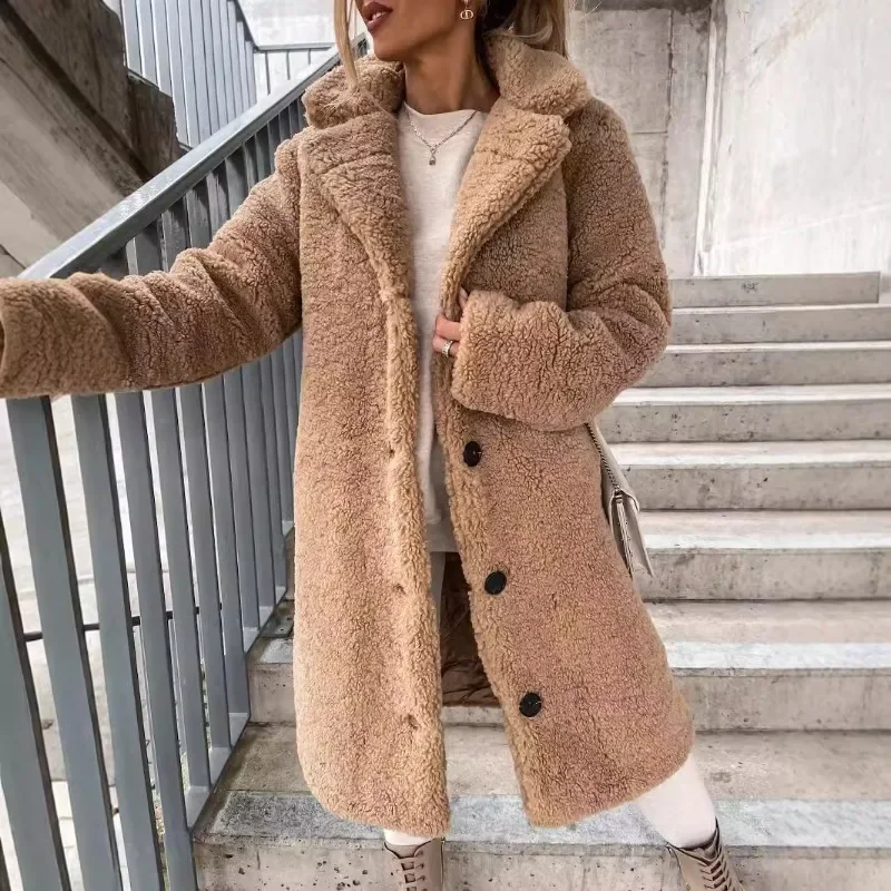 2024 Autumn and Winter New Solid Color Commute Casual Style Long Sleeves Lapel Women's Plush Tops Long Coat Winter Coat