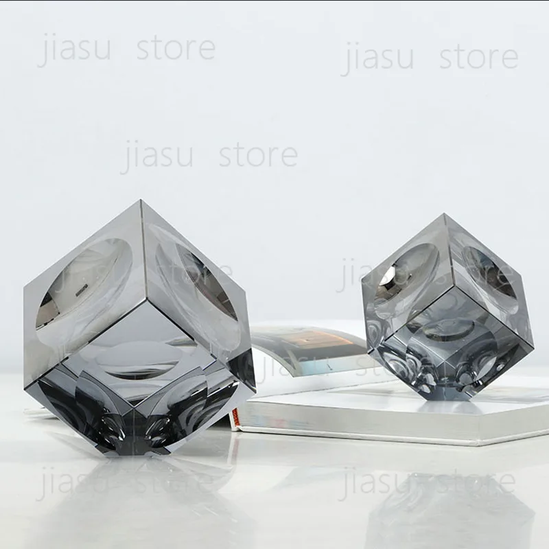 Luxury K9 Crystal Geometric Decor Ornament, High Transparent Smoke Grey Concave Cube Desktop Home Decoration Accessory