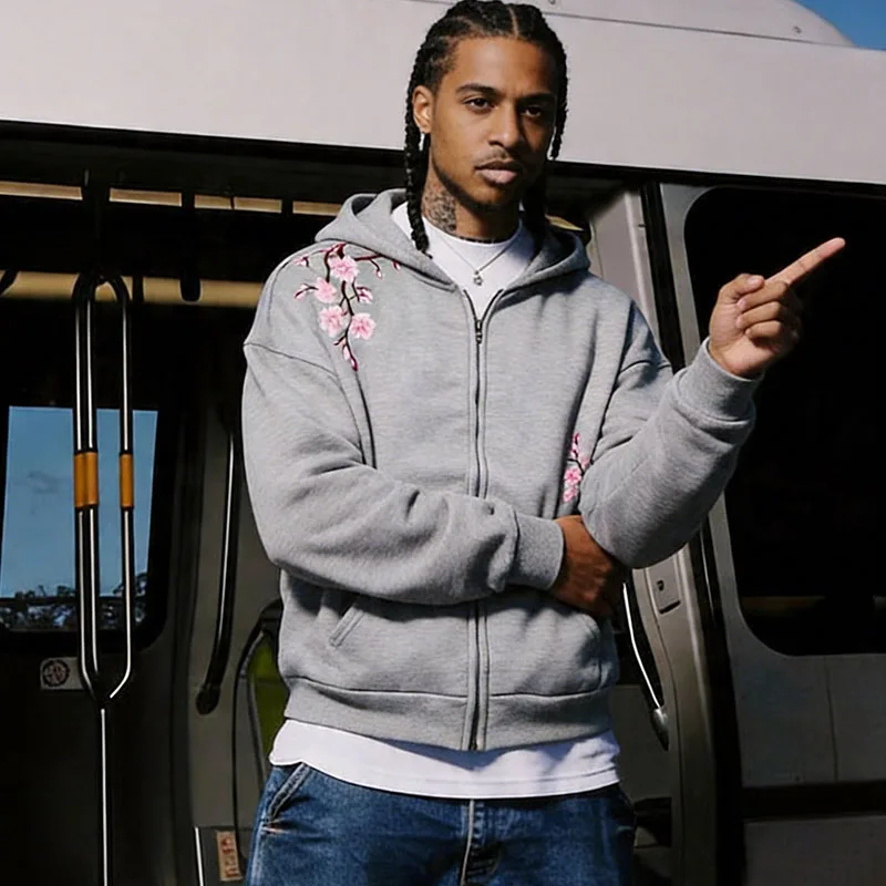 

Американский ретро-кардиган в стиле Харадзюку с вышивкой вишневого цвета, осенне-зимняя толстовка с капюшоном на молнии, свободный крой, унисекс