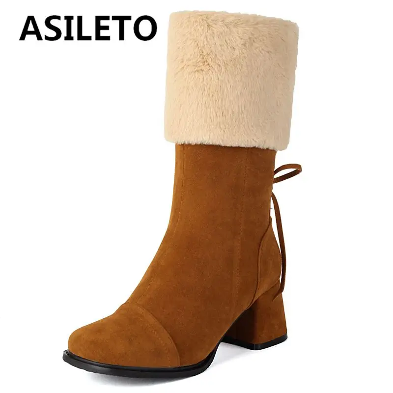 SIMLOVEYO النساء موضة الفراء منتصف العجل الأحذية ساحة تو كتلة الكعوب 6 سنتيمتر سستة الدانتيل يصل حجم كبير 41 42 43 قطيع الجلد المدبوغ الشتاء بوتا #2