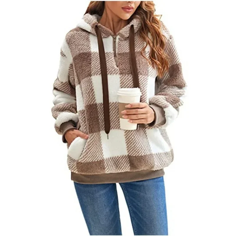 Women's New Autumn/winter Long-sleeved Hooded Checkered Fluffy Hoodie Loose Thickening Small Zipper Hoodie with Pockets Y2k