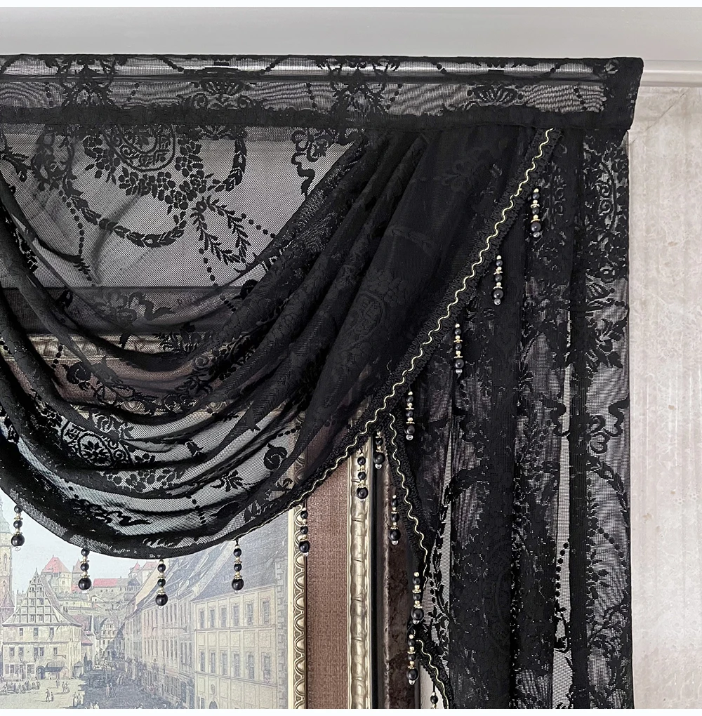 Black Lace Sheer Flower Valance Curtain Luxury Beaded Wavy Waterfall Scallop Curtain for Living Room Rod Pocket Top Window Drape