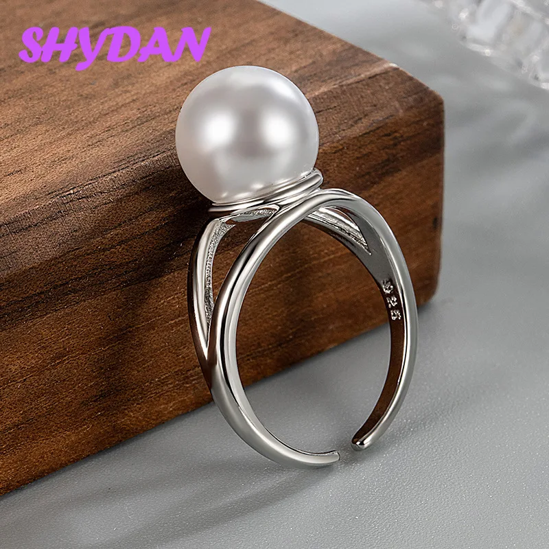 SHYDAN 925 Sterling Silver White Pearl Opening Adjustable Ring For Women Girls Fashion Jewelry