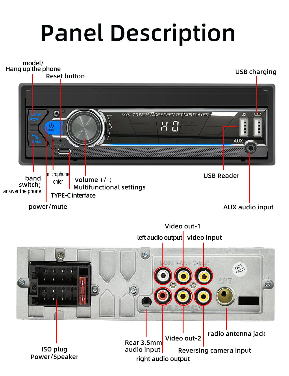 ESSGOO راديو ستيريو للسيارة قابل للطي مقاس 7 بوصات وشاشة لمس واحدة 1 Din Android Auto وApple CarPlay 2USB/Bluetooth/AUX-IN/SWC مشغل MP5 #4
