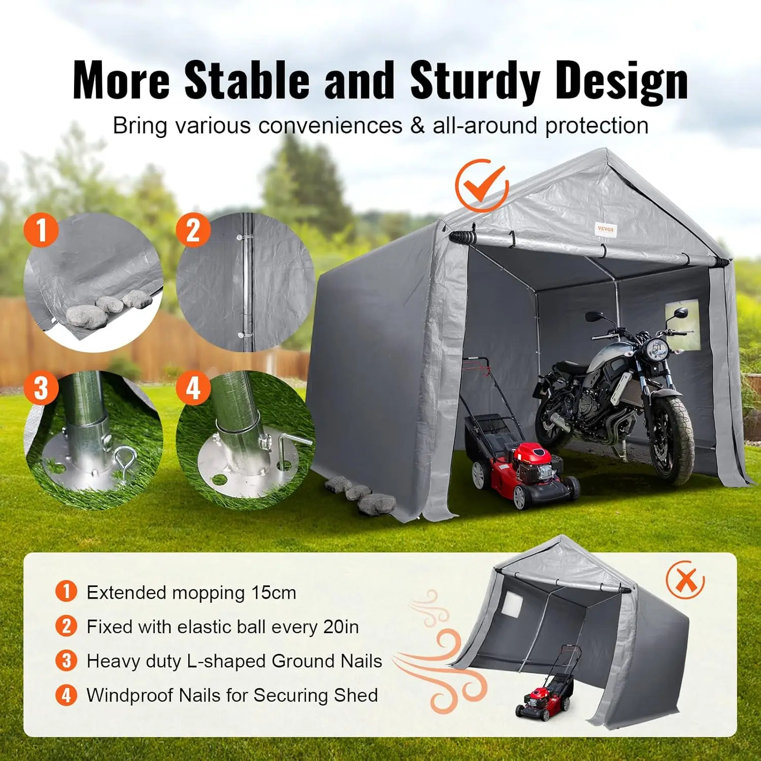 6x8x7 ft Heavy Duty Instant Waterproof Storage Tent Sheds with Roll-up Zipper Door and Ventilated Windows for Motorcycle