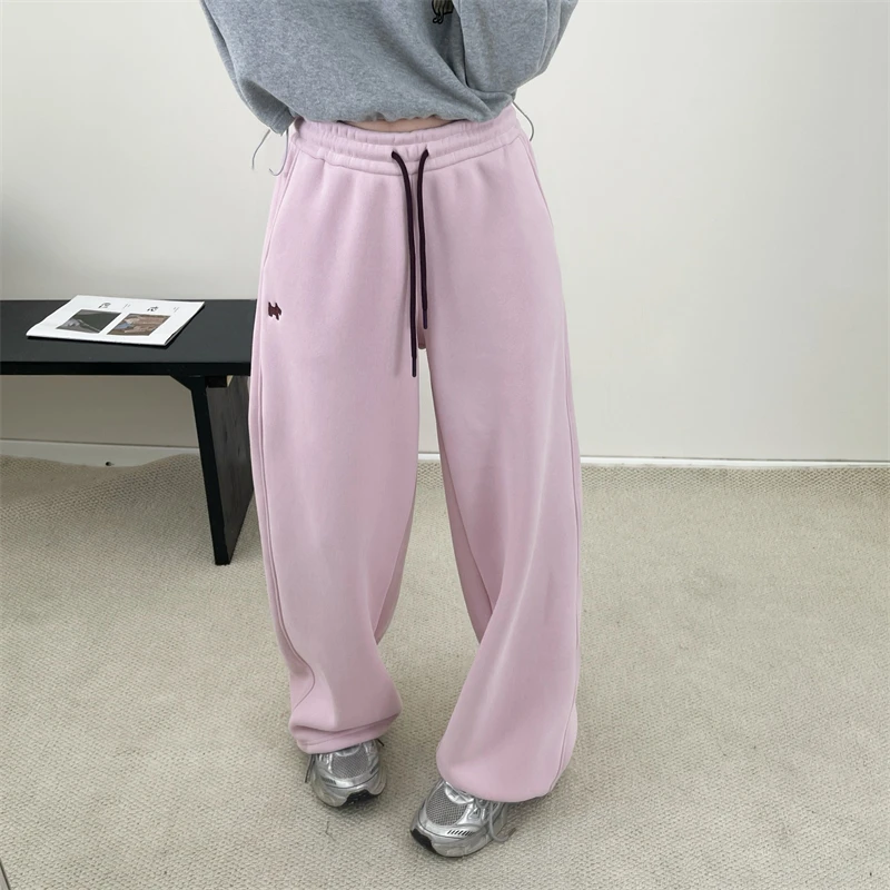 

New Winter Plus Velvet Padded Embroidered Puppy Pants Female Long Slim Lazy Style Slack High Waist Drape Straight Casual Pants