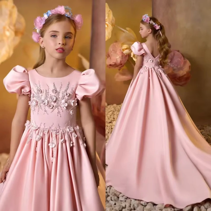 Kids Sweep Train Dress Clothes Children Girls Piano Pink Blue Birthday Performance Flower Girl Model  Elegant Princess Costume