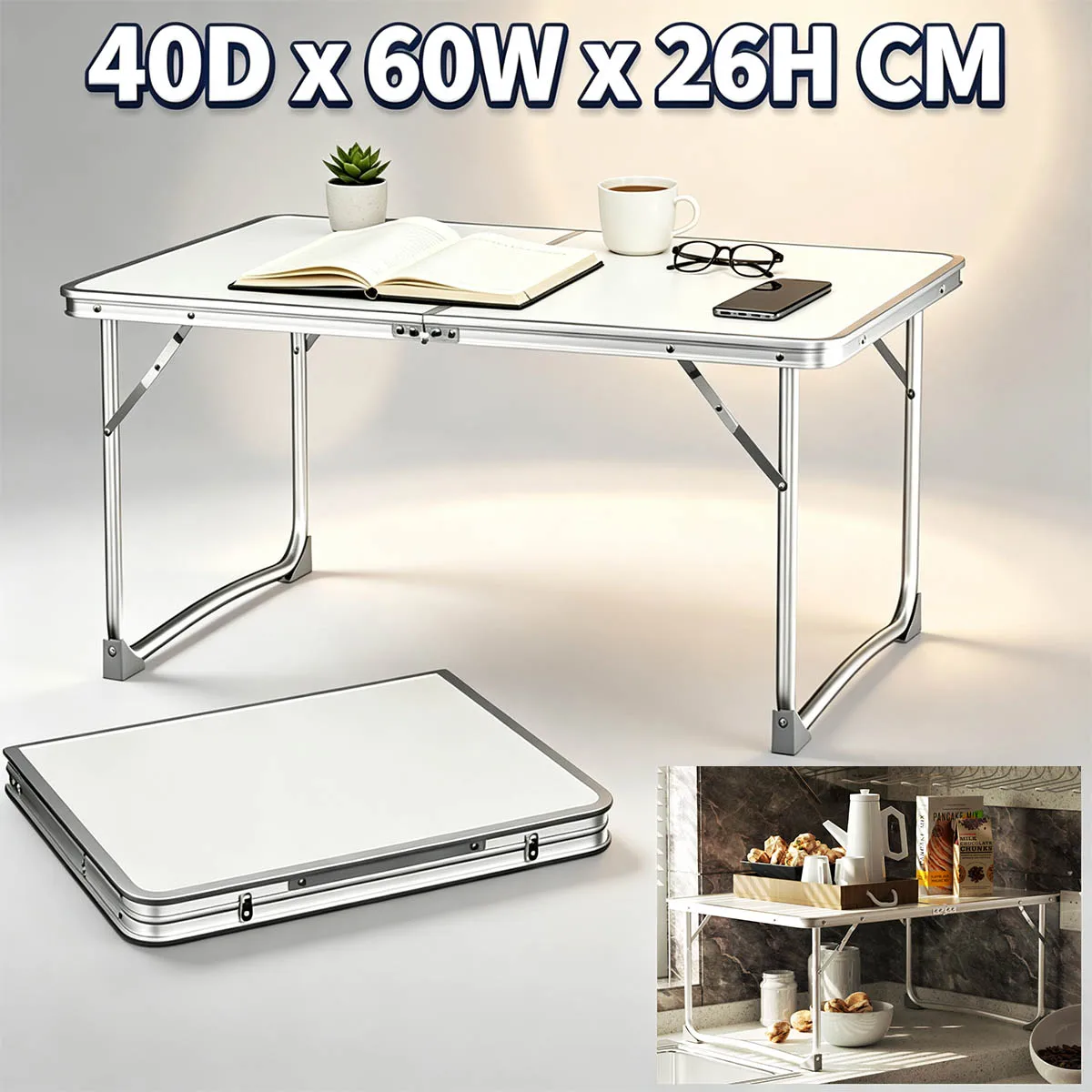 60cm Tragbarer 60x40x26cm, Weißer Aluminium-Klapptisch für Party, BBQ, Outdoor-Camping