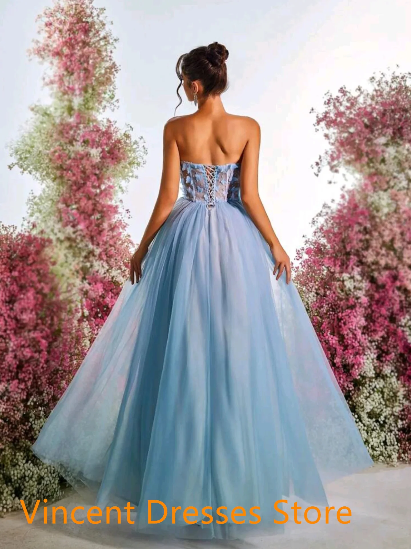 Maßgeschneiderte zarte blaue Tüll-Promi-Kleider, elegante trägerlose Applikationen, Kontrastfarbe, Schnürung am Rücken, Vestido De Noche