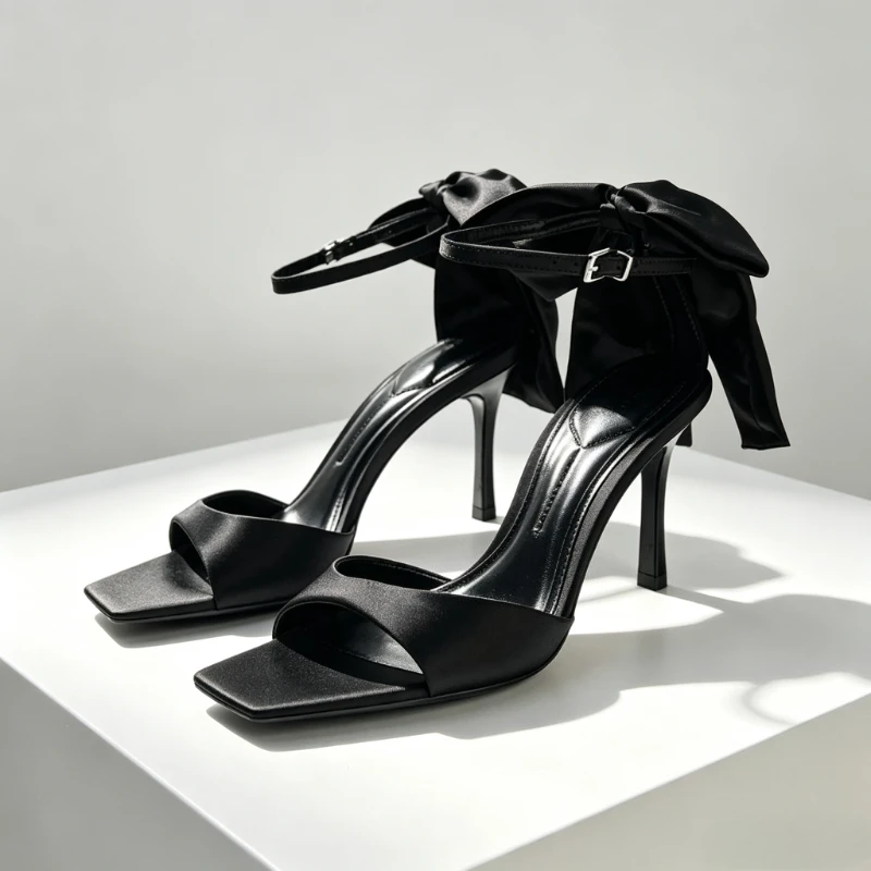 Luxury Satin Bowknot High Heels Women 2026 New Square Toe Ankle Strap Sandals Female Open Toe Elegant Party Shoes Women Pumps