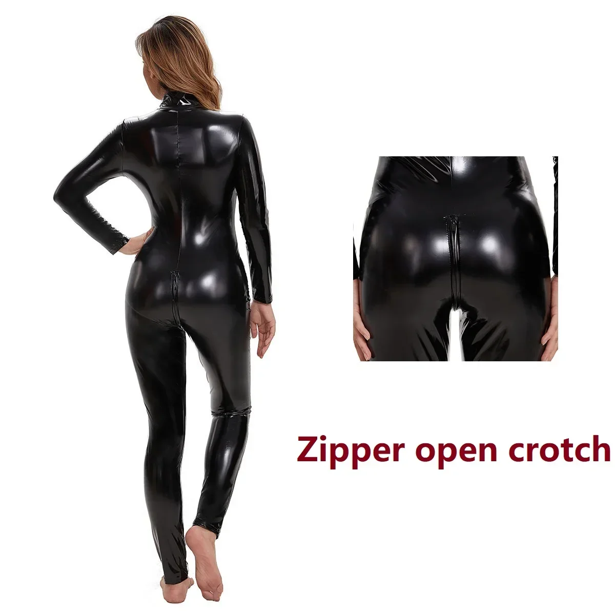 Women Sexy Open Crotch Shiny Leather Jumpsuit Glossy PVC Leather Skinny Bodysuit Crotchless Shaping Double Zipper Latex Leotard