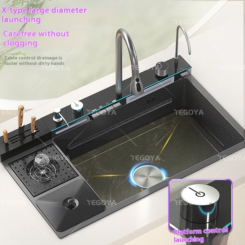 디지털 디스플레이 수도꼭지 쓰레기통 304 스테인레스 스틸 대형 폭포 단일 그릇 주방 싱크대 나노 표면