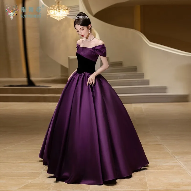 Vestido largo de noche de fiesta para mujer, elegante vestido morado de satén negro con cuello barco y hombros descubiertos, traje de actuación de concierto