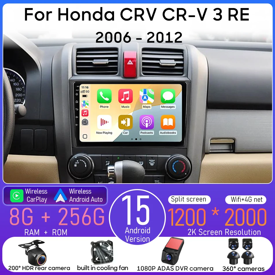 

Android 15 for Honda CRV CR-V 3 RE 2006 - 2012 Car Multimedia Player Video Radio Head Unit Audio Screen CarPlay GPS Auto 2din BT
