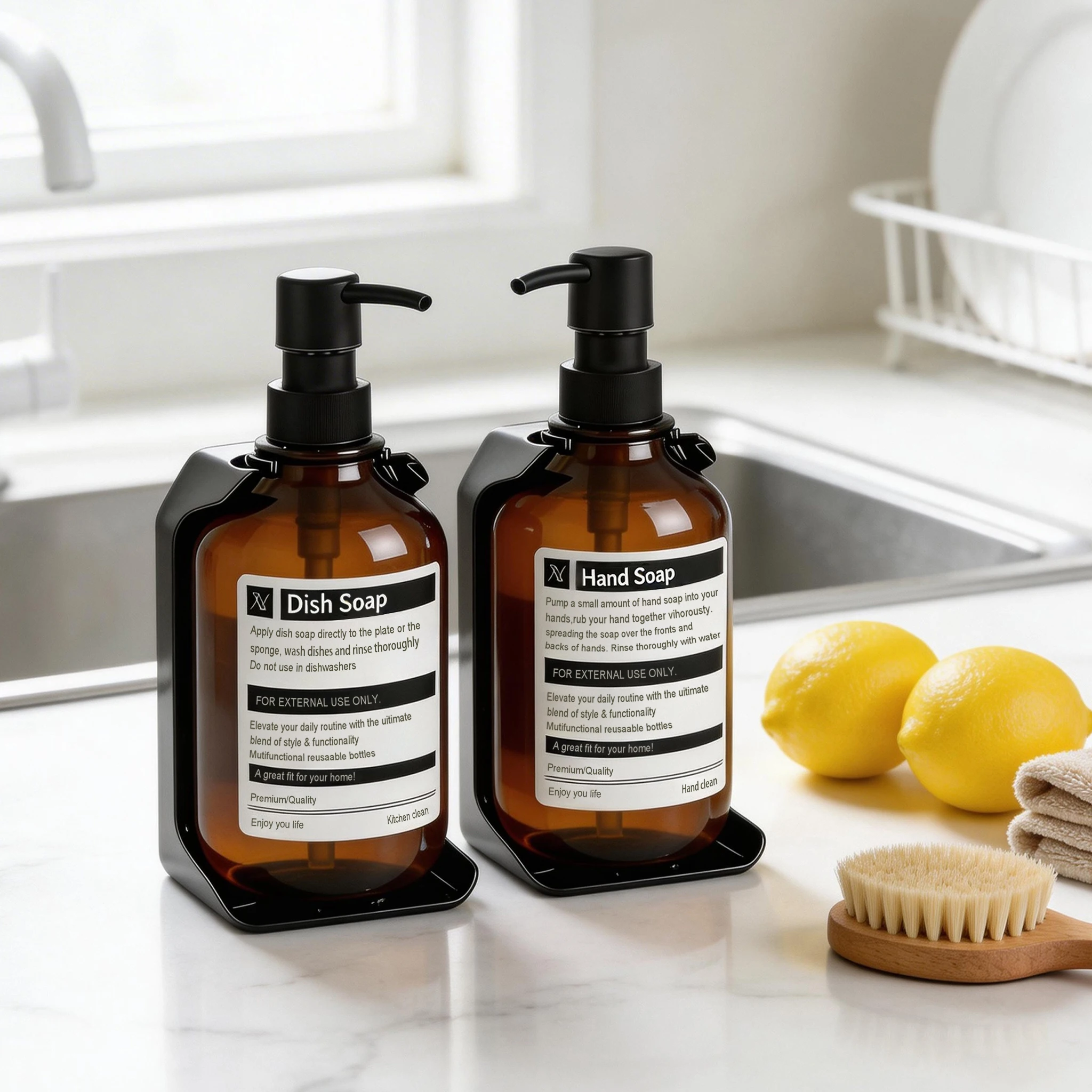 Wall Mounted Kitchen Dish and Hand Soap Dispenser, Refillable Lotion Soap Bottle for Functional Bath Decor for Home, Apartment