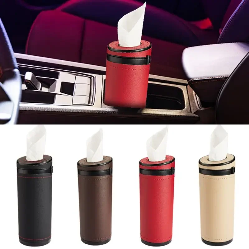 Car Multifunctional Tissue Holder Leather Tissue Storage Box Round Paper Tube Safety Broken Window Tissue Cup with Safety Hammer