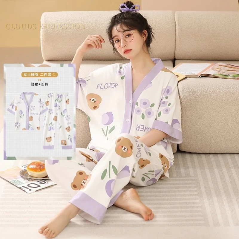 Spring Kimono Cartoon Nightwear Kawaii Girls Young Women\'s Pajama Sets Pyjamas Sleepwear Female Loungewear Pijama Mujer Homewear